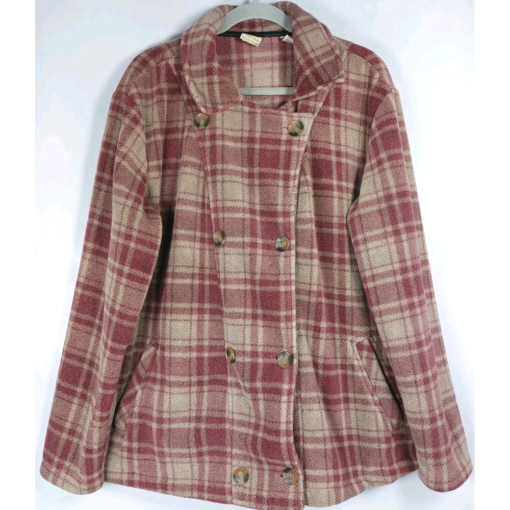 Natural Reflections Womens XXL Fleece Double Breasted Jacket Gray Burgundy Plaid